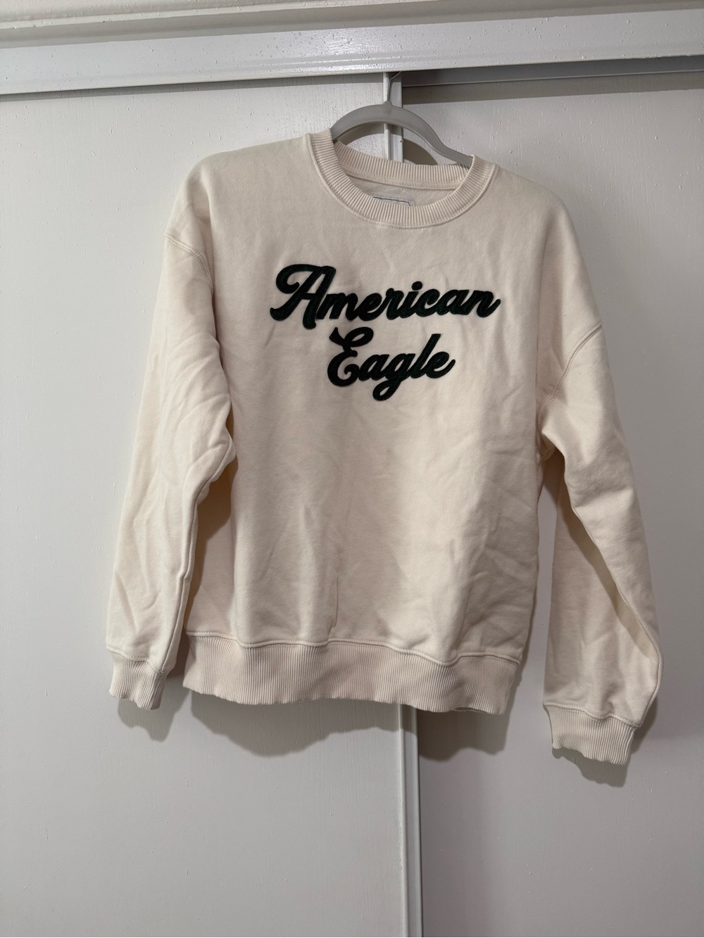 American Eagle Soft Fleece Oversized Script Logo Crewneck Sweatshirt Cream XS